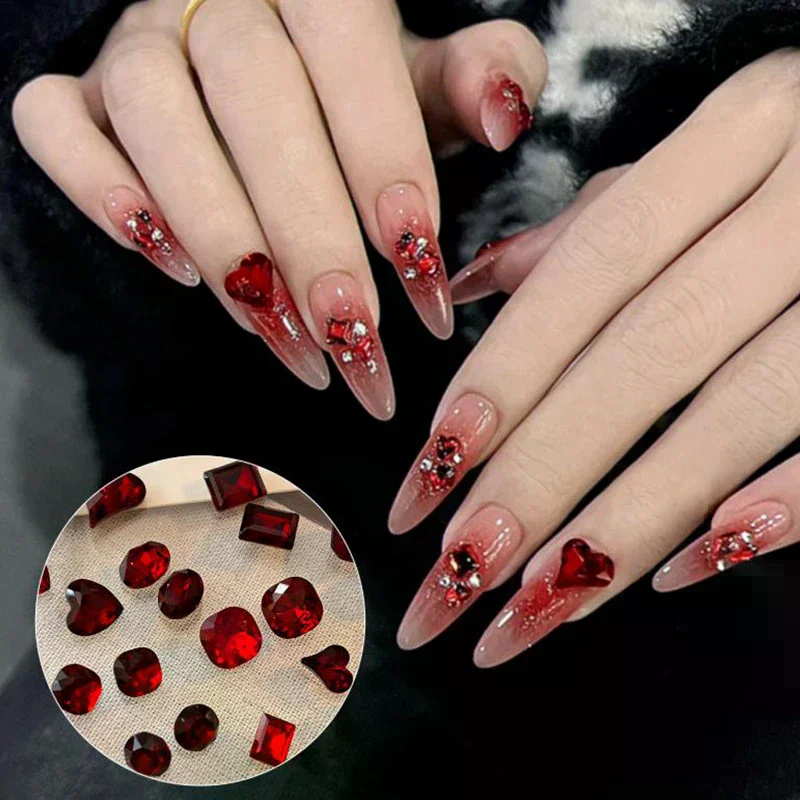 5 pçs vermelho gemas de unhas apontou fundo strass múltiplas formas prego cristal diamante misturado luxo vidro strass encantos decoração