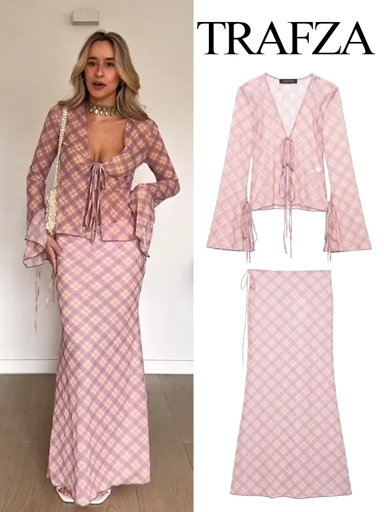 

TRAFZA Women Skirt Suit Elegant Plaid Lace V-Neck Decorate Long Sleeves Shirt Top+Fashion Pull Rope Slim Casual Long Skirt Mujer