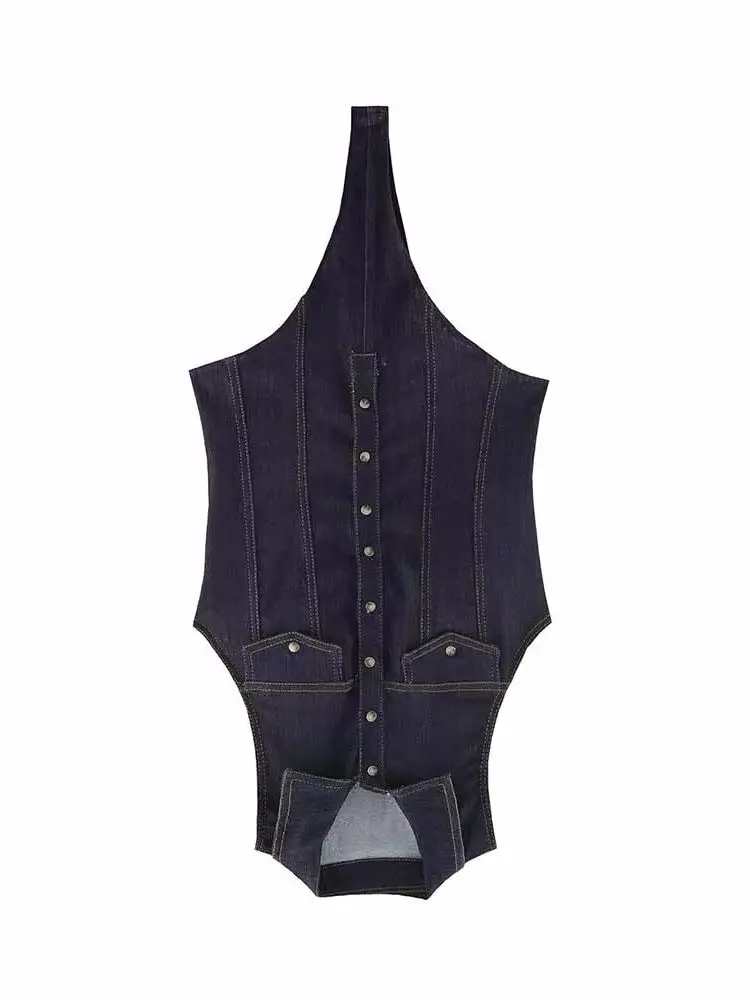 

HH Woman Early Spring Trend Fashion Sleeveless Lapel Denim Fabric Slim Fit Jumpsuit Female Versatile Casual Chic Jumpsuit