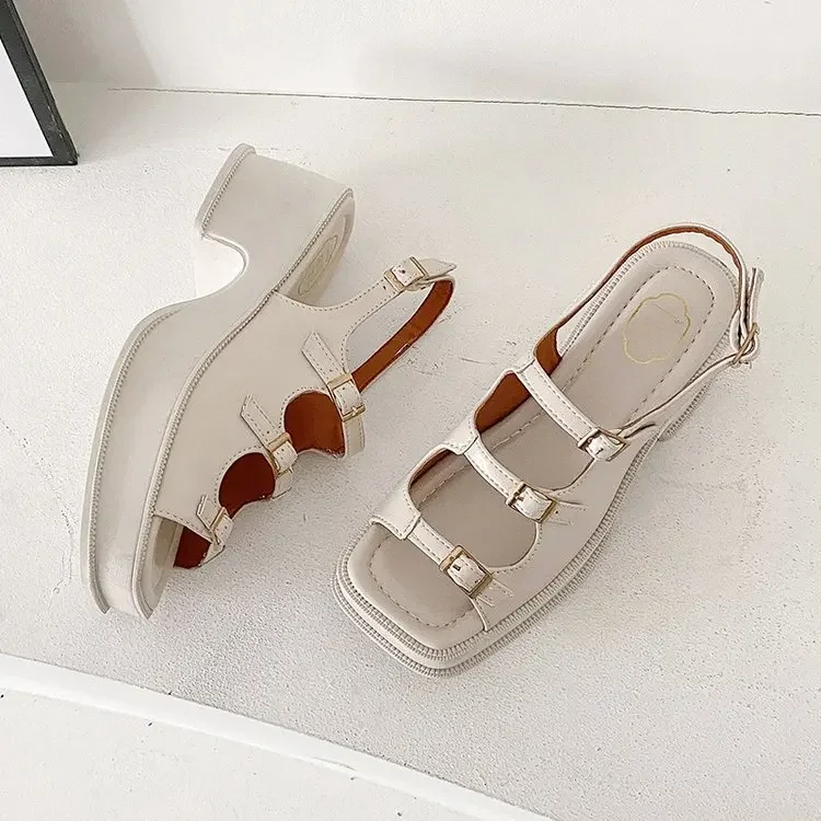 2022 New Thick Sole Sandals Ladies Soft and Comfortable Pin Buckle Elastic Strap Roman Style Sandals Hollow Buckle Solid Color