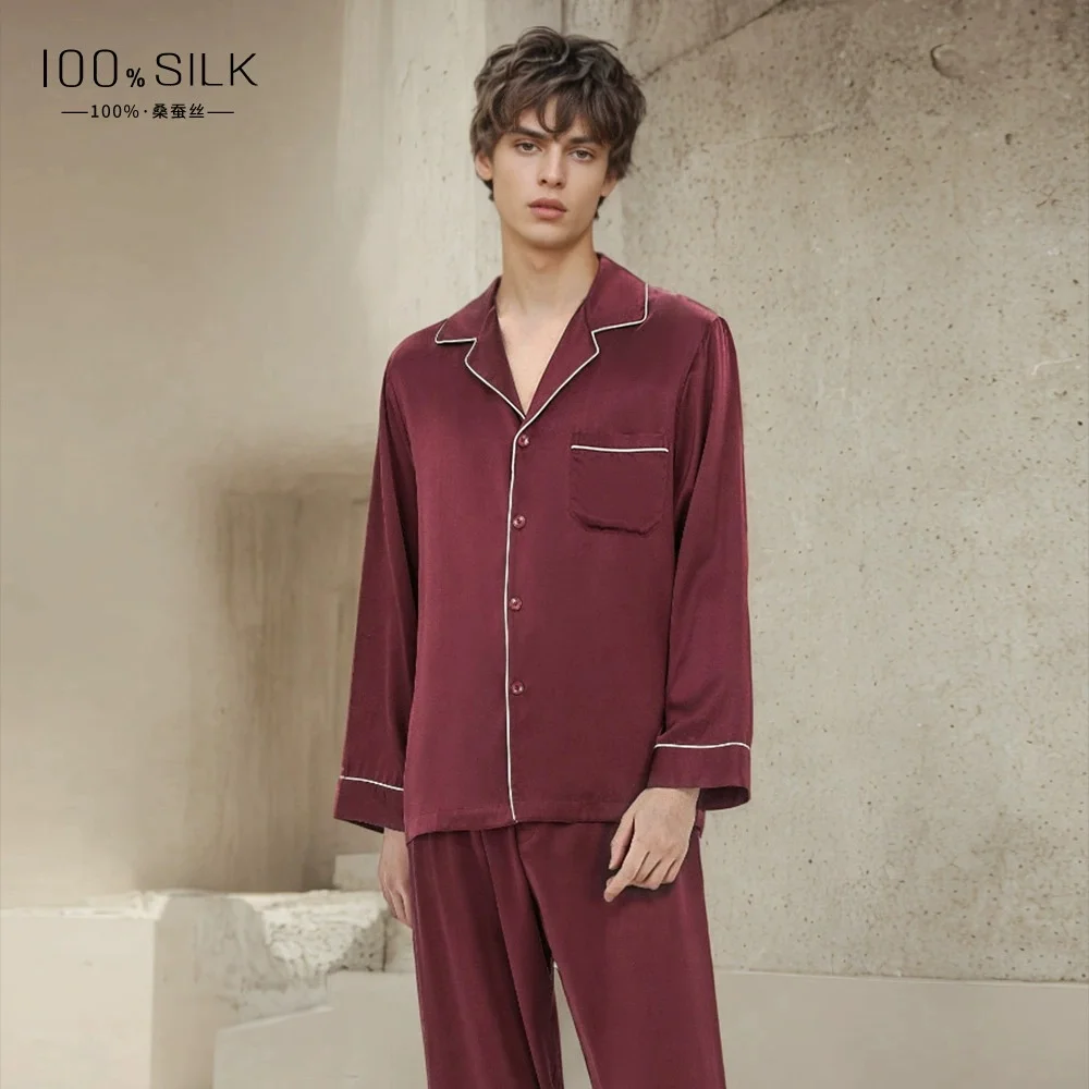 Nieuwe zomerstijl 19 Momme zwaargewicht zijden pyjama voor heren - 100% moerbeizijde met lange mouwen en lange broek Cool-feel loungewear