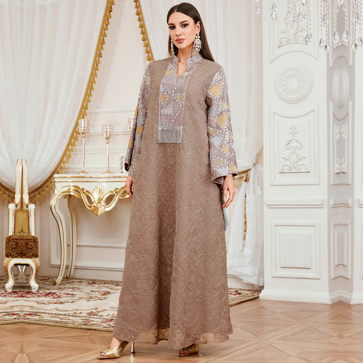 

UNI 2026 Muslim Mesh Embroidery Abaya Islamic Clothing EID Ramadan Women's Dress Closed Tassel Robe Jalabiya