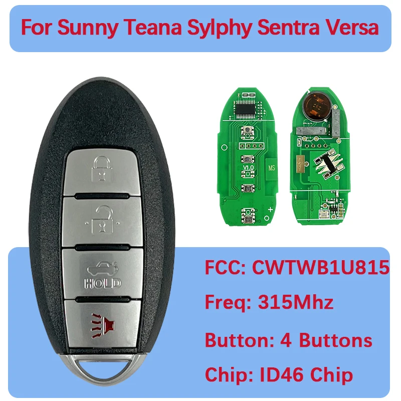 

CN027039 4-кнопочный смарт-ключ без ключа 285E3-3AA0A CWTWB1U815 315 МГц PCF7952 ID46 чип для Sentra Versa 2013-2016