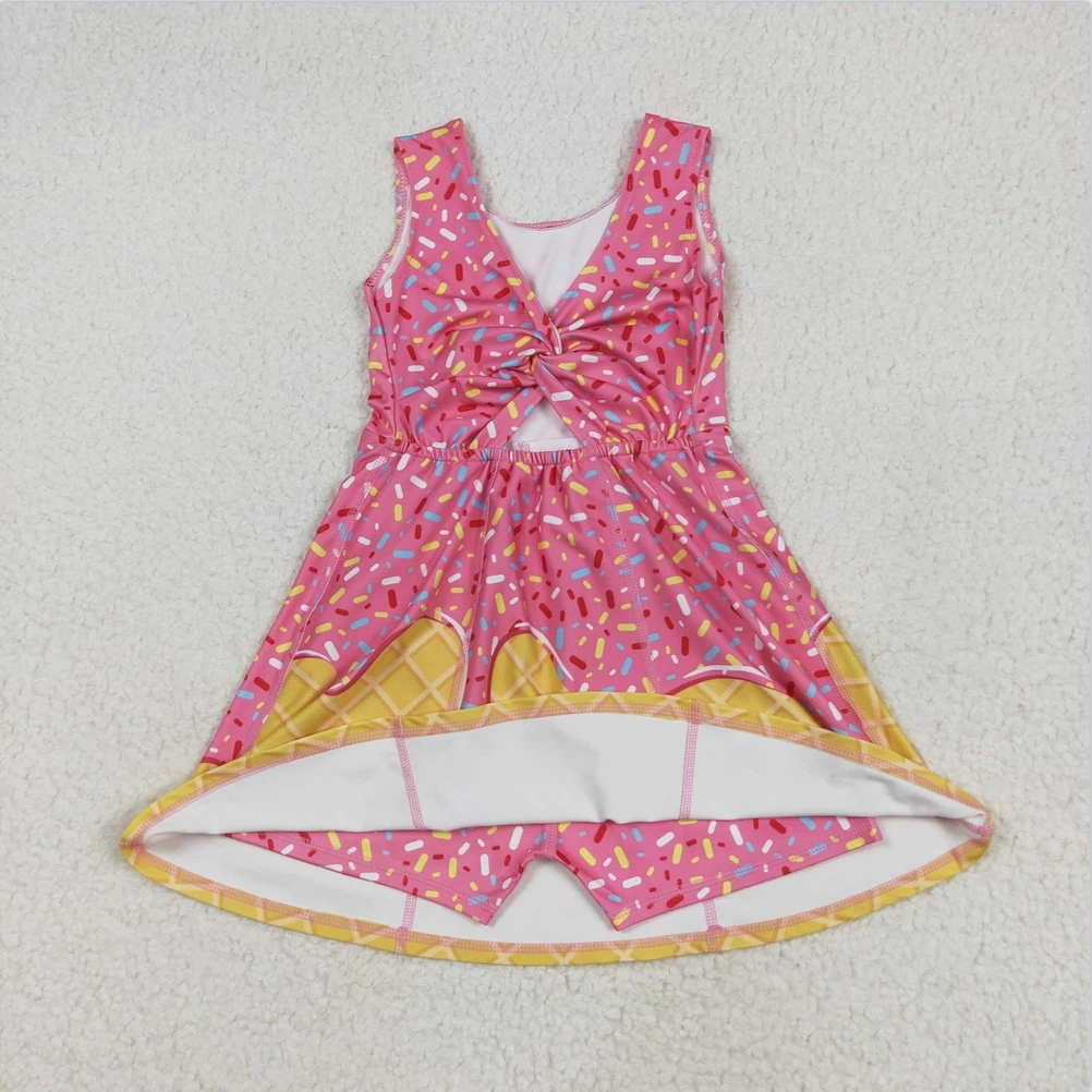 

Hot Sale Girls Active Wear Baby Girls Pink Ice-cream Drip Yoga Zip Ruffle Active Wear Skort Knee Length Girls Athletic Dress
