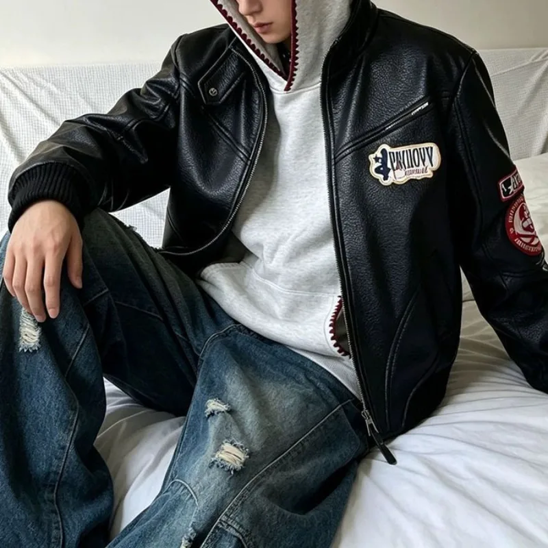 Japanese Style Embroidered Stand Collar PU Leather Jacket Men's Cool Trendy Racing Suit Unisex Motorcycle Short Coats Streetwear - view 5