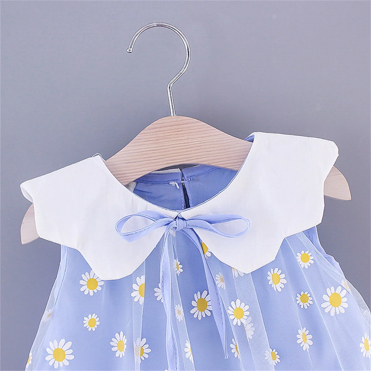 Summer Children\'s Dress Girl\'s Little Daisy Big Flip Collar Solid Color Sleeveless Sweet Cute Mesh Dress