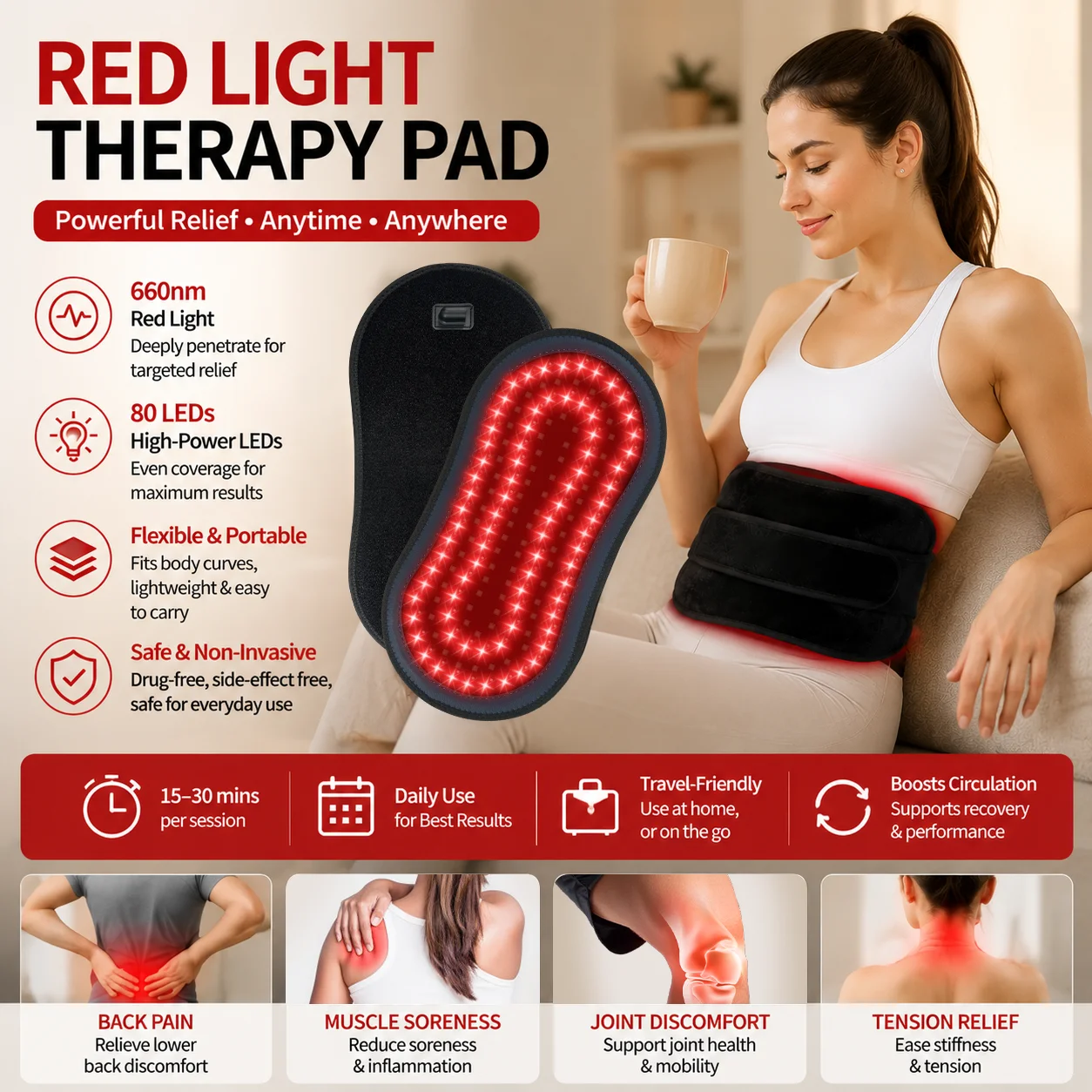 Portable LED Light Therapy Pad 660nm Red 850nm Infrared Adjustable Timer for Daily Recovery and Relaxation SUYZEKO