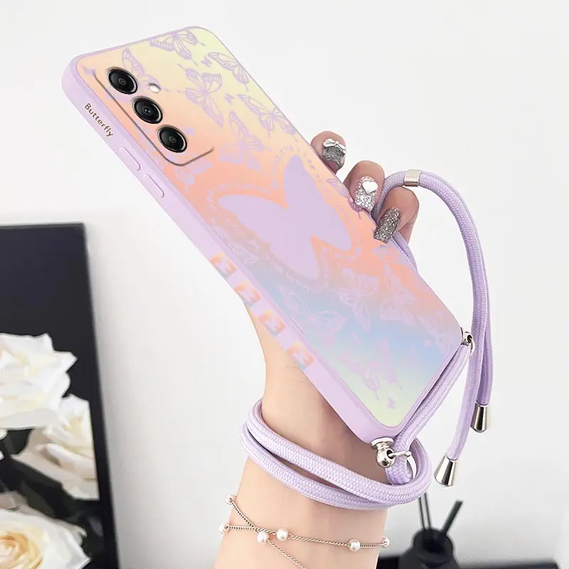 A14 Auroral Butterfly Lanyard Silicone Phone Case For Samsung A14 A15 A24 A22 A50S A13 A32 A12 A04 A42 A21 A31 A33 A34 A23 Cover