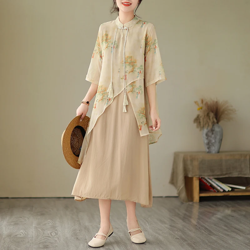 فستان صيفي جديد بتصميم صيني تقليدي للنساء ذوات المقاسات الكبيرة، تنورة ميدي بخصر عالٍ، مزيج من البوليستر، أكمام قصيرة، مطبوع