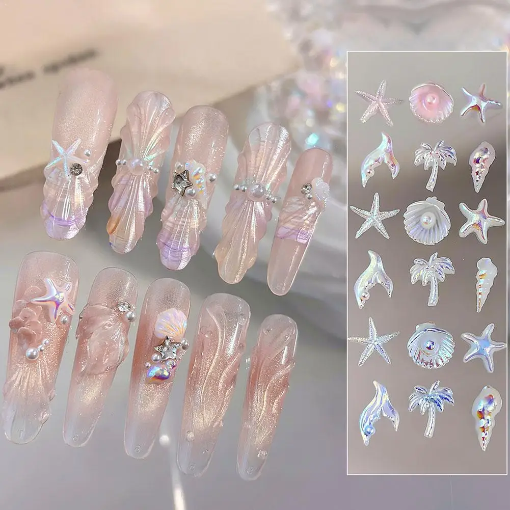 

50pcs Ocean Nail Charms Aurora Shell Starfish Coconut Tree Designs 3D Nail Art Decorations Summer DIY Manicure Accessories