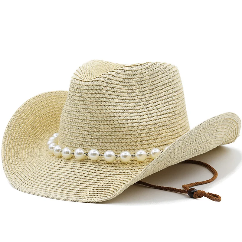 

Western Summer Outdoor Women Hand-woven Cowboy Straw Hats Girl Wide Brim Breathable Beach Jazz Cap Sun Protection Hat