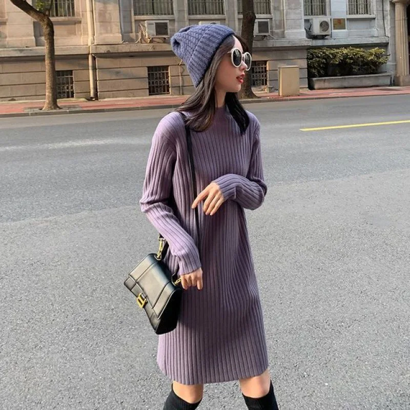 

2023 Winter Knitted Sweater Long Sleeve O Neck Warm Mini Dress Fashion Elegant Women Party Ladies Pullover Dresses High Quality