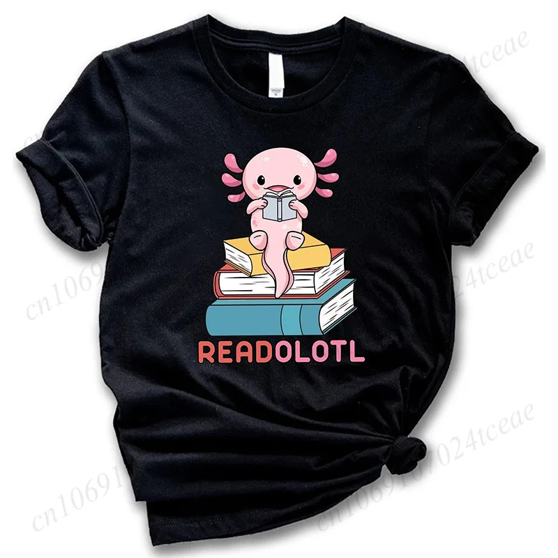 Cute Axolotl Reader Tees Shirt for Women Clothing Funny Mexican Salamander Graphic Y2k Tops Casual O Neck Short Sleeve T-shirts