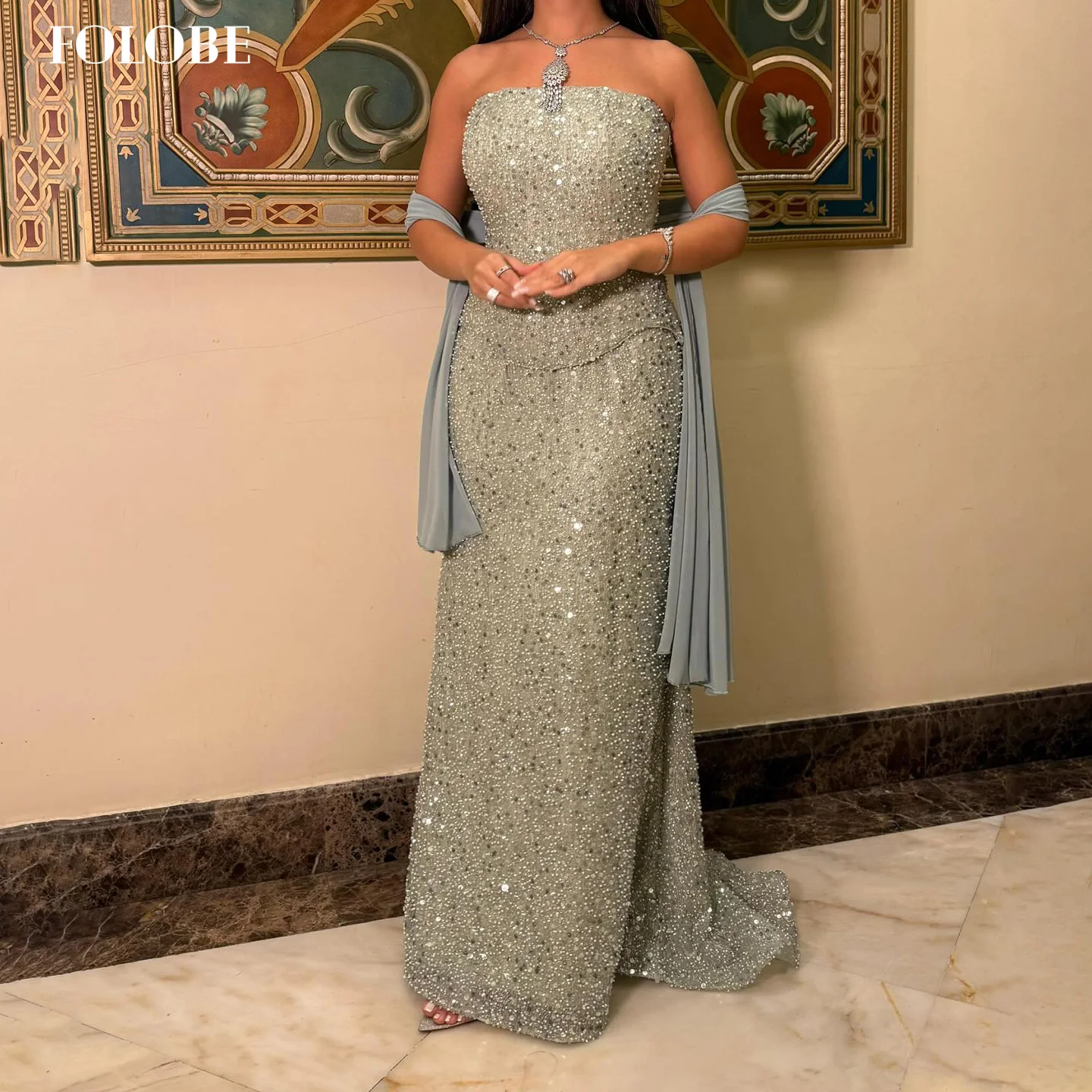 FOLOBE Luxe Saliegroen Pailletten Avondjurken Strapless Zeemeermin Parels Sjaal Prom Jassen voor Vrouwen Trouwjurk Aangepast