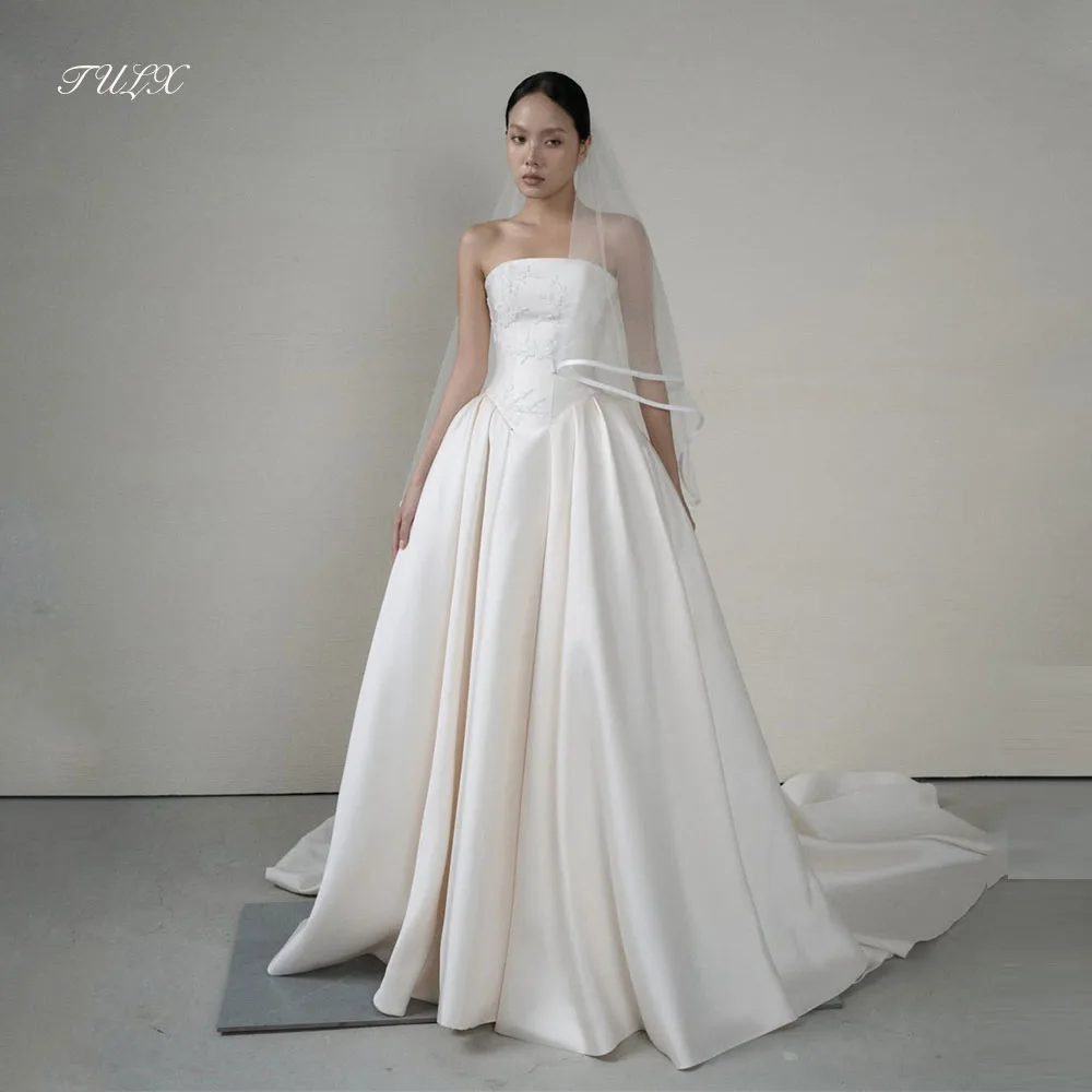 

TULX Elegant Ivory Satin Wedding Dresses Strapless Sleeveless Bridal Gowns A line Long Sweep Train Vestidos De Novia Customized
