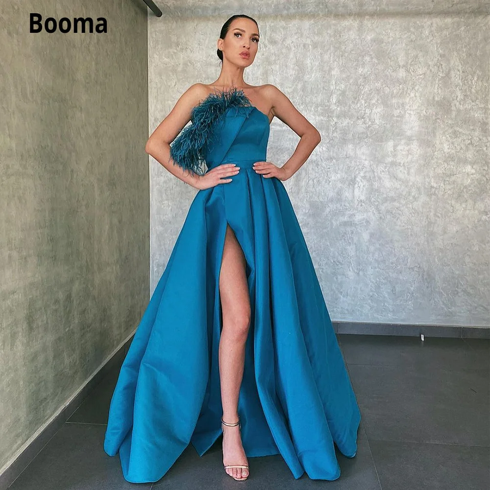 Booma – robe de soirée en Satin bleu paon, longue, sans bretelles, plumes, fente haute, plissée, ligne a, robes de fête formelles