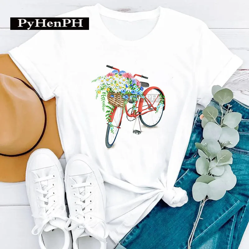 New Women's Personalized Flower Basket Bicycle Print Small Wind Short-sleeved T-shirt Women Casual All Good Friends Harajuku