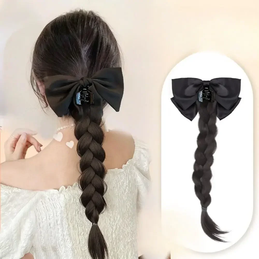 Synthetic Wig  Elegant Black Bownot Grip Clip Boxing Ponytail Wig Female Simulation Braid Twists Hair Extensions