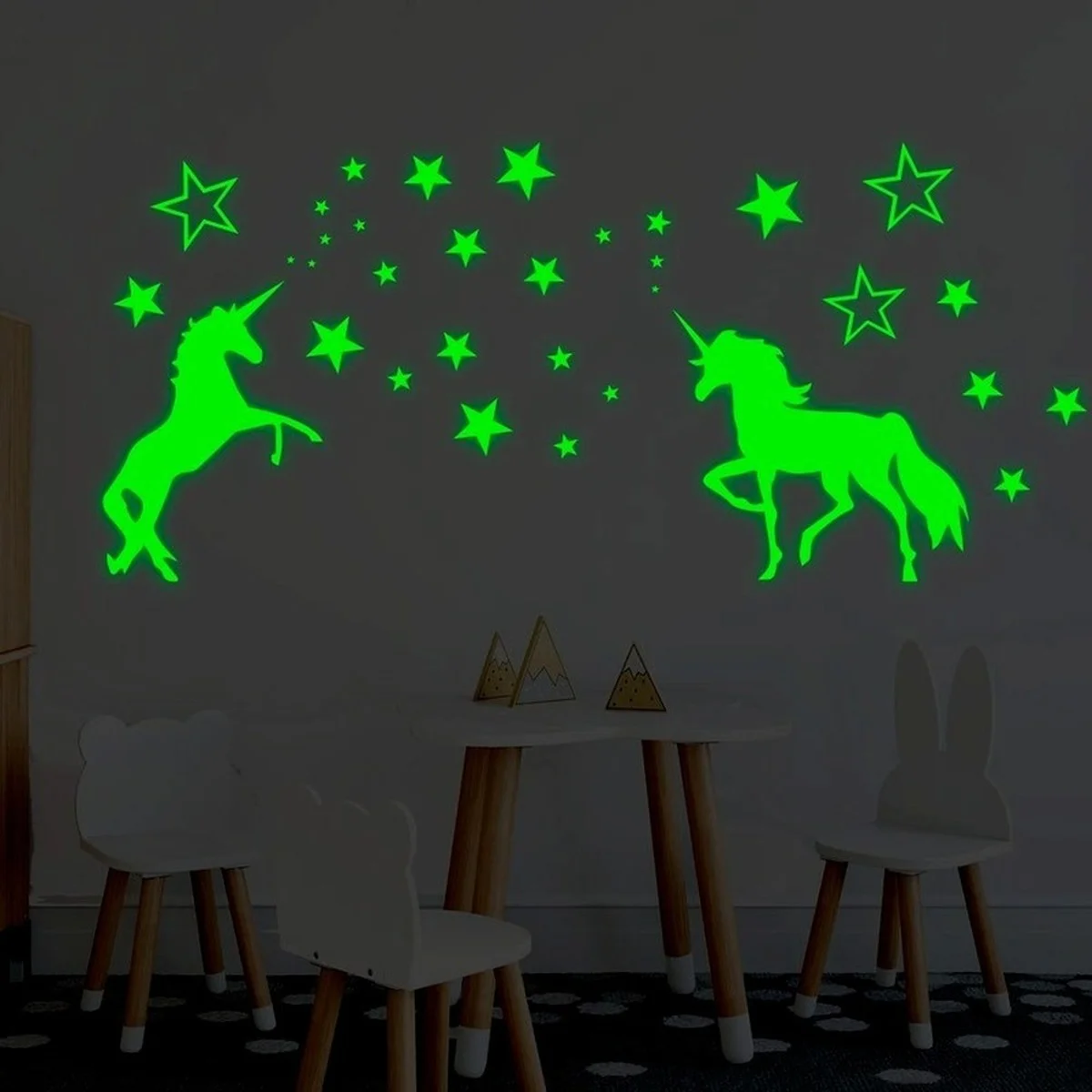 Pegatinas de pared luminosas que brillan en la oscuridad, estrellas, unicornios, fluorescentes, para techo, fiesta en casa, decoración de habitación