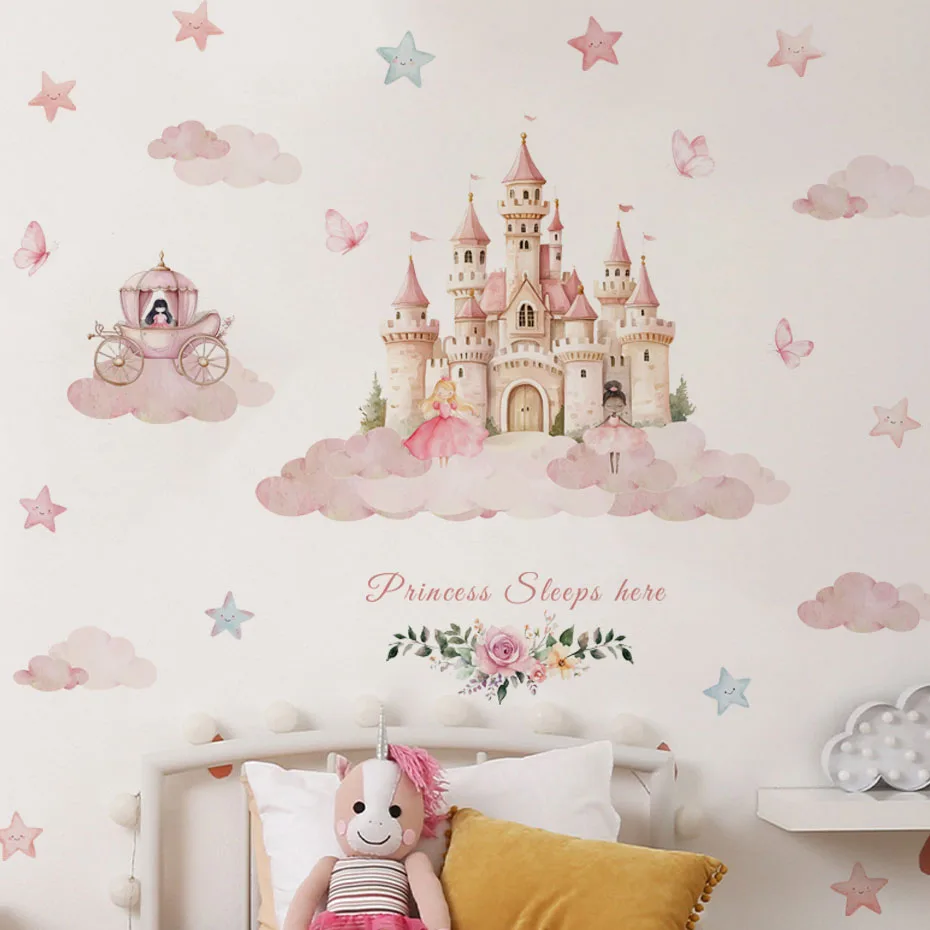 Princess Sleeps here Castle Wall Stickers Kid Girls Room Bedroom Decoration Baby Nursery Home Decor Living Room Wall Decal