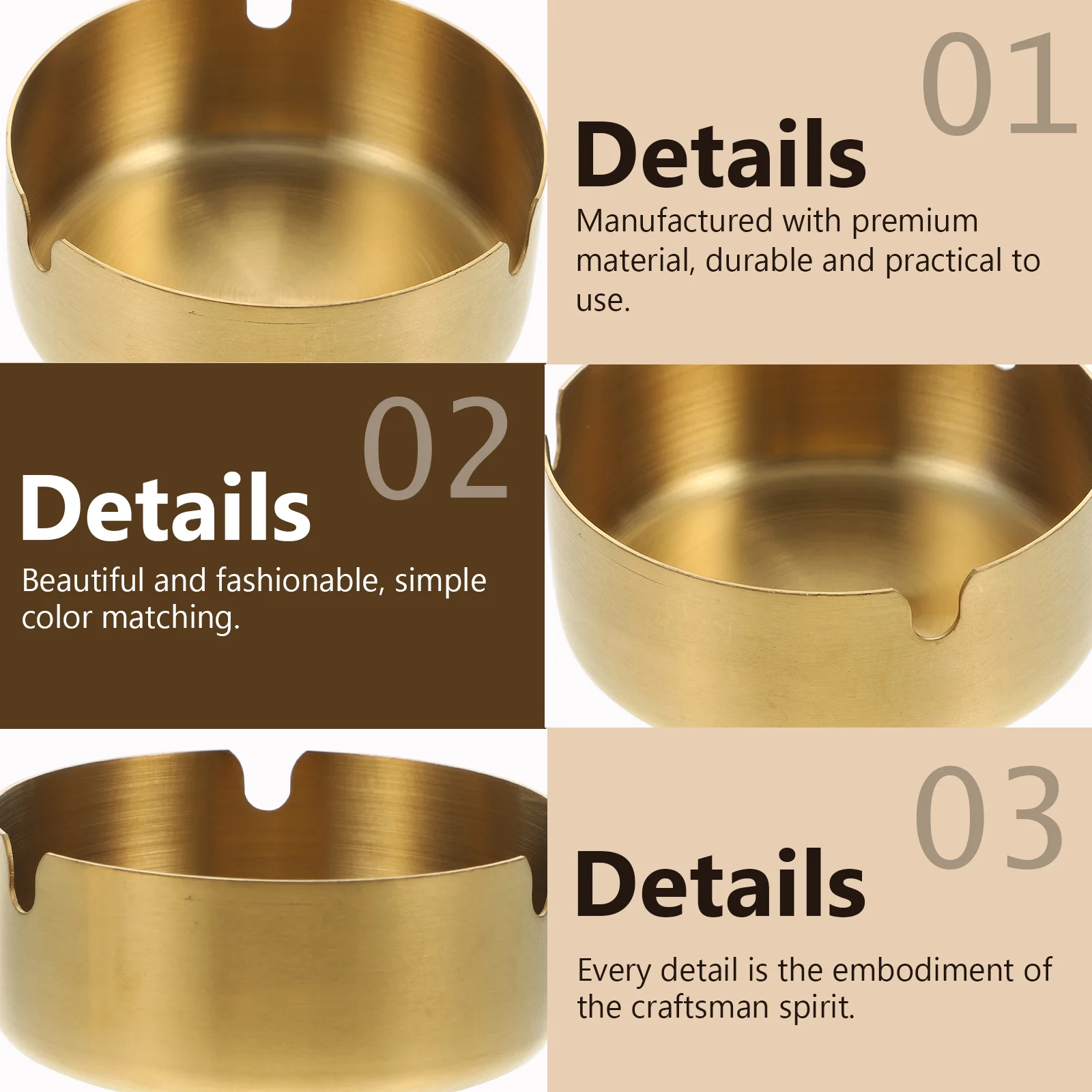 

2pcs 8CM Golden Stainless Steel Ashtray Rounded Cigarette Butt Container Decorative Living Room Smoke Storage