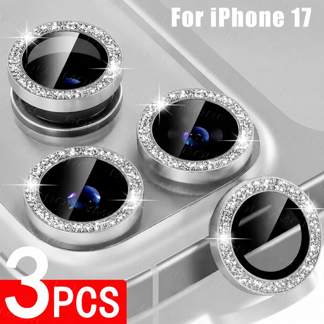 Kit com 3 Películas Protetoras de Lente para Câmera iPhone 17 Pro/Pro Max, Vidro Temperado 9H com Anel de Metal Brilhante, Fácil Instalação