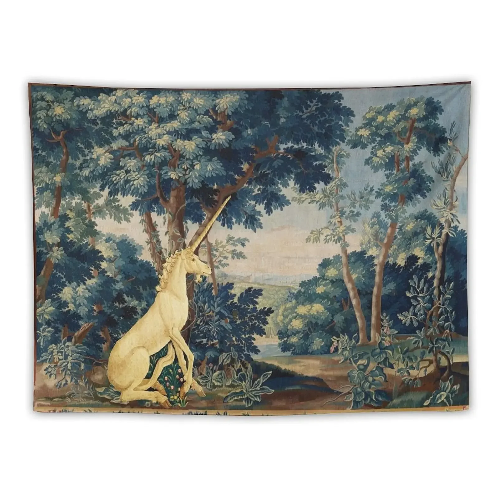 UNICORN IN WOODLAND LANDSCAPE AMONG GREENERY AND TREES Tapestry Room Decoration Aesthetic Funny Cute Room Things Tapestry