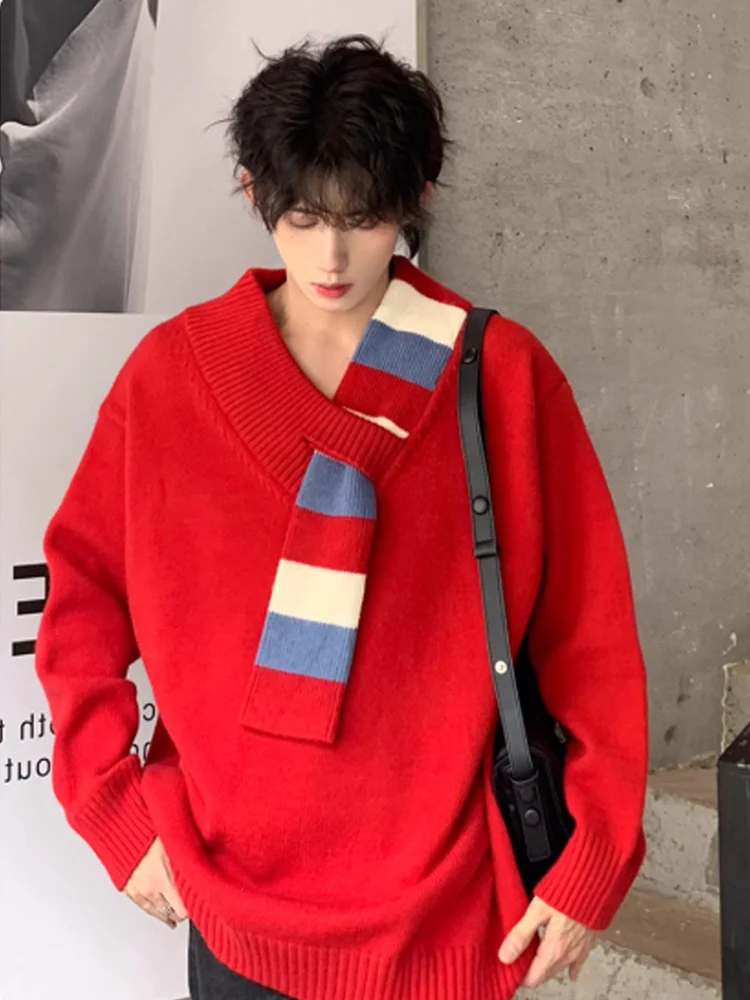 

Дизайнерский мужской трикотаж, свитер с v-образным вырезом, красный, модный, брендовый, весна-осень 2023, новый Sle, повседневный, модный, из полиэфирного волокна