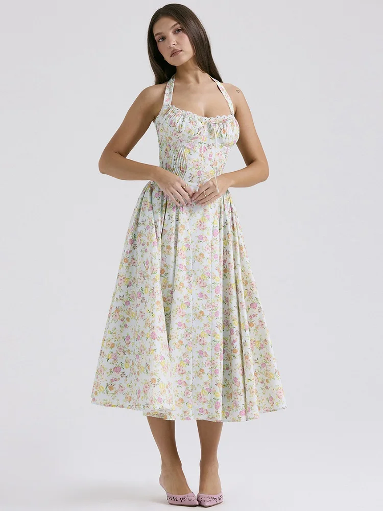 

Summer New Temperament Hanging Neck With Off-shoulder Slim Long Floral Dress pleated Design Seaside Beach Leisure.2024