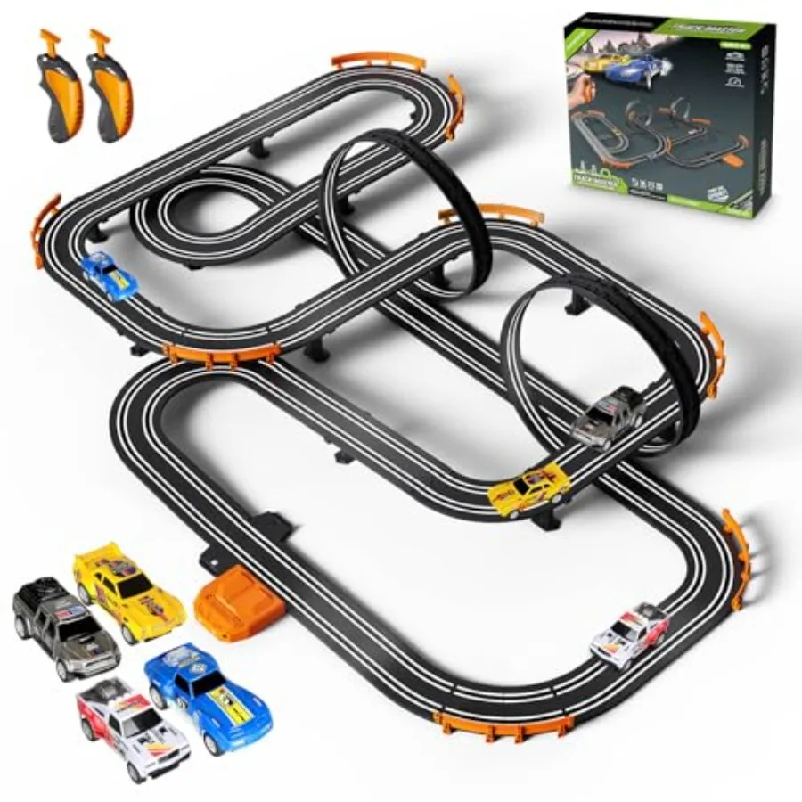 

Slot Car Race Track Set for Ages 6-8: Electric/Battery-Powered Racing Track with 4 High-Speed Cars, 2 Hand Controllers, Dual Ra