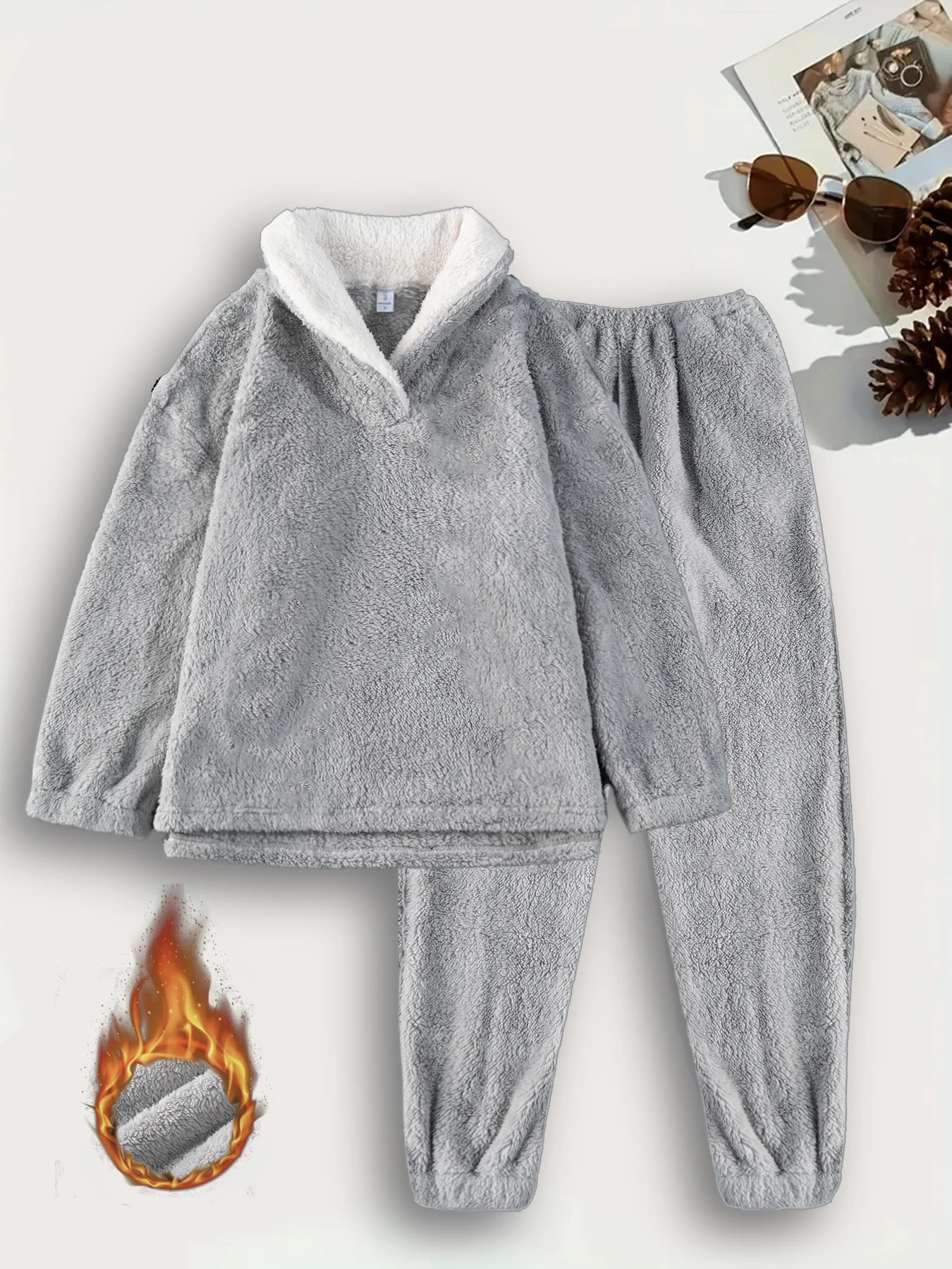 

Men's 2 Piece Plush Fleece Pajama Set, Gray Contrast Collar Top & Jogger Pants Loungewear