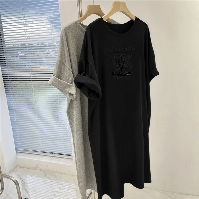 Women Clothing Vintage O-neck Short Sleeve Dresses, Summer Cartoon Printed Knee Length Tunic, Loose Casual Pullovers Dress