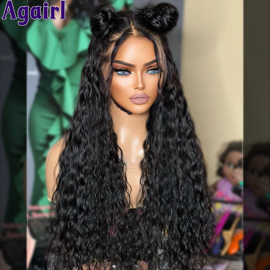 Onda de água brasileira Lace Frontal Wig, profunda peruca de cabelo humano encaracolado, transparente Lace Wig, Brown Highlight, 200%, Go, 6x4, 13x6, 13x4