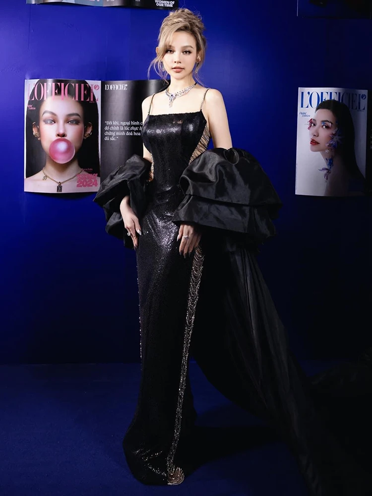 Sequins Chains Long Dress Black Backless Dress Spaghetti Straps Cut Out Elegant Maxi Cocktail Evening Party Gowns Vestido