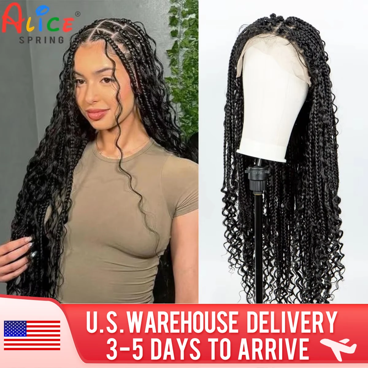 32inch Knotless Box Boho Braided Wigs With Curly Ends Synthetic Lace Frontal Bohemian Braids Wig with Baby Hair for Black Women