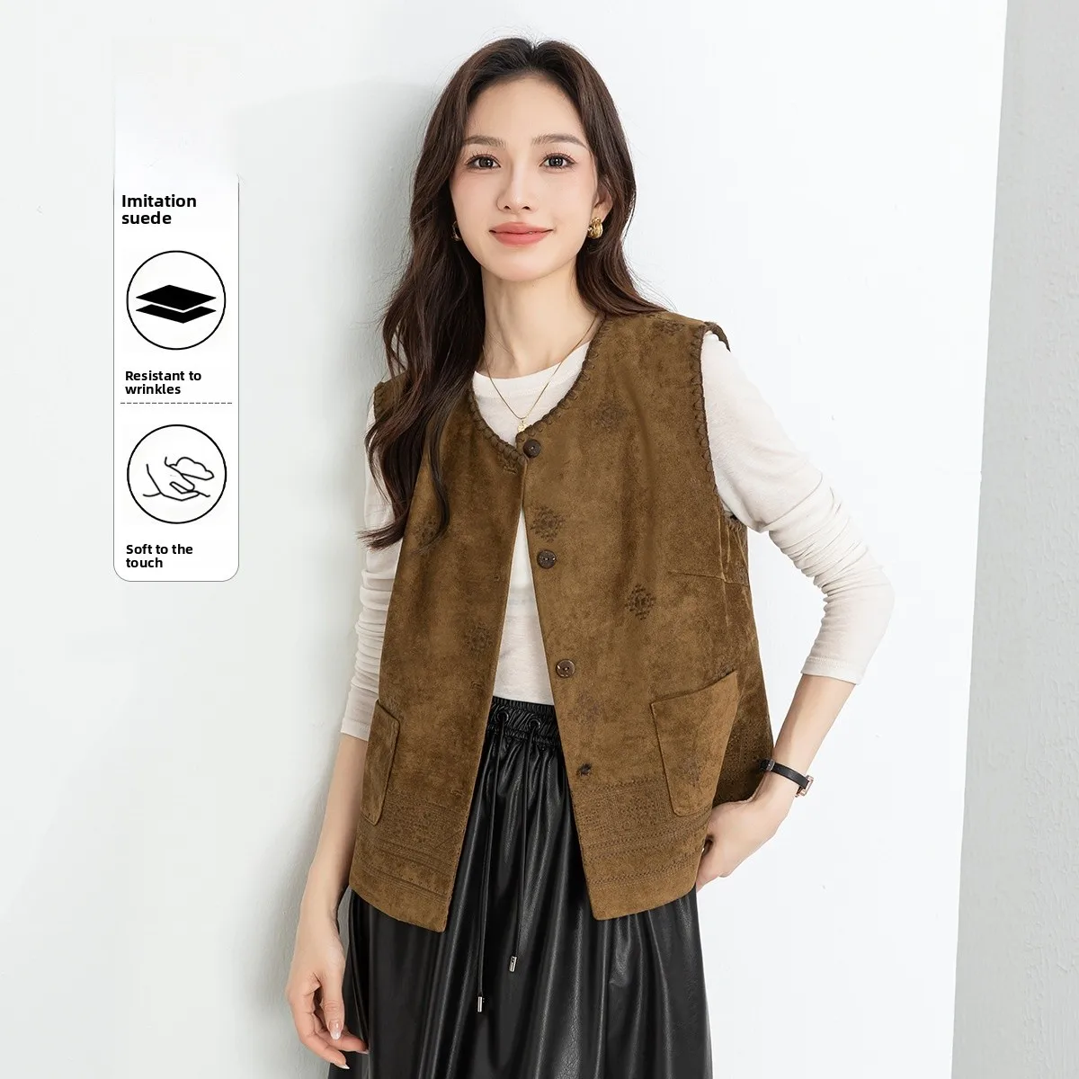 

Жилет Xingguo из искусственной замши в стиле ретро, коричневый, женский, весенний, модный, этнический, с V-образным вырезом, вышивкой, трендовый, длинный, верхняя одежда