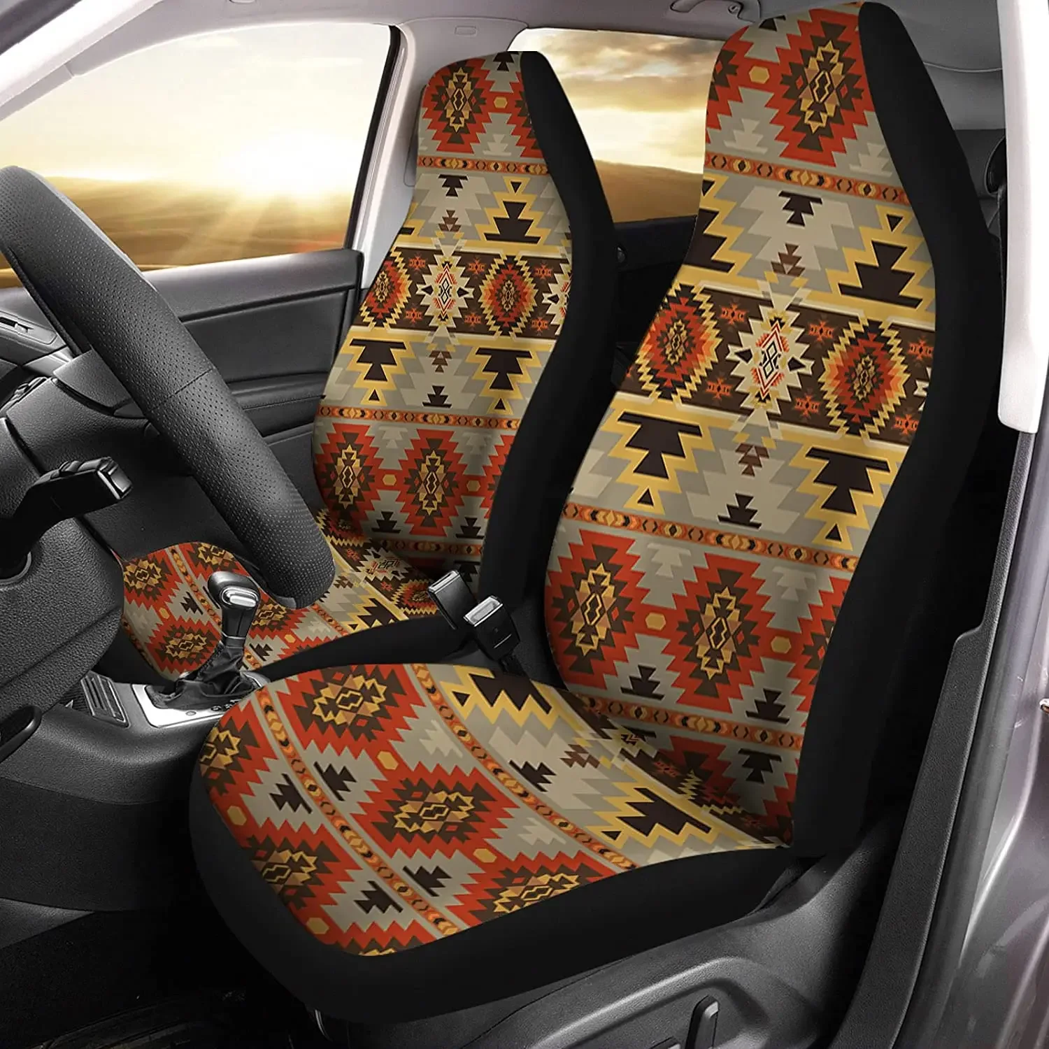 Set of 2 Car Seat Covers Auto Accessories Carseat Front Seats Fit Most Cars, SUV Sedan, Truck Aztec Navajo Geometric Native Amer