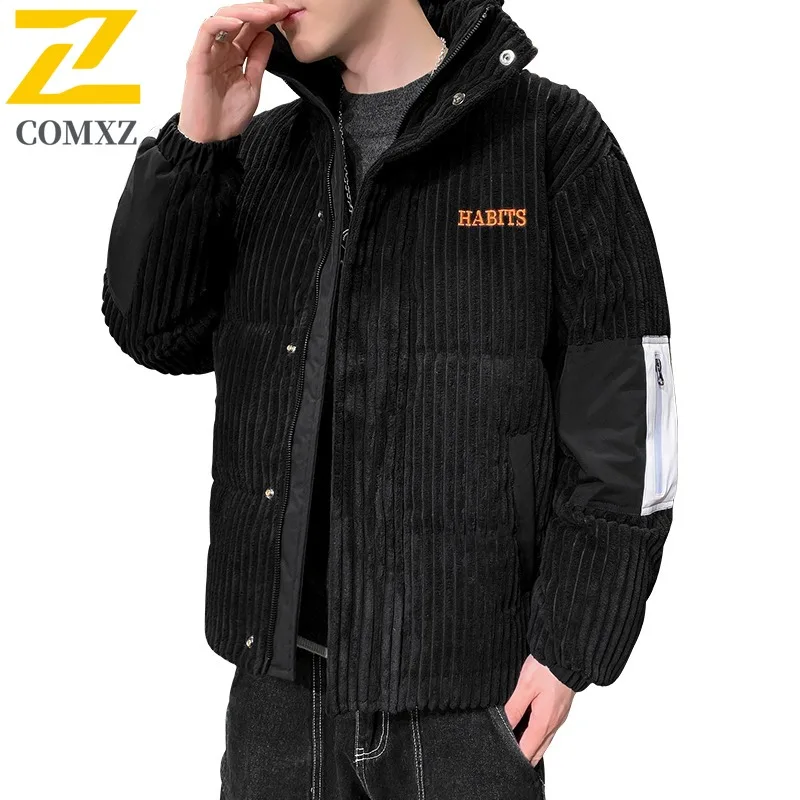 COMXZ Corduroy White Duck Down Thickened Windproof Warm Down Jacket Trend Stand Collar Lightweight High Street Fashion Garment