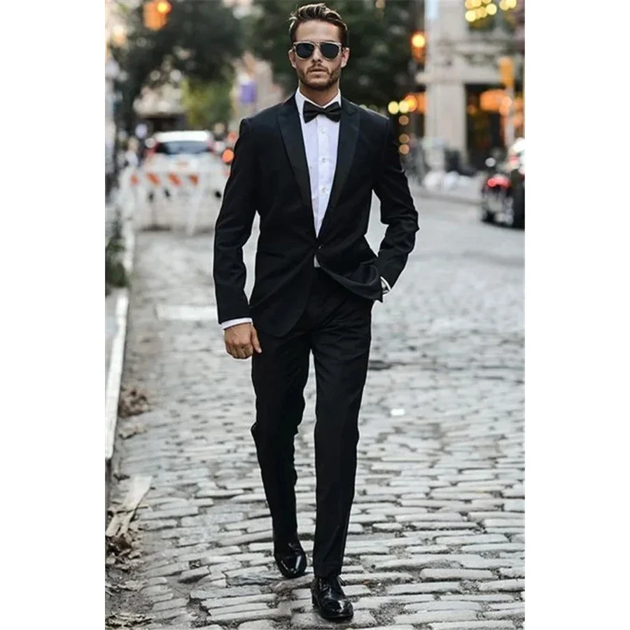 

Gentlemen Black Men's Suit Slim Fit Single Breated Peak Lapel 2 Piece Jacket Pants Chic Blazer Regular Length Wedding Prom Party