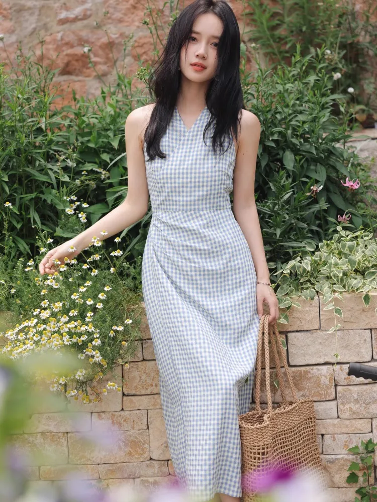 Halter Neck Gingham Dress Women Slim Fit Hepburn Style Summer Maxi Dress Backless Tie Waist Long Dress Hip Coverage Elegant Look - AliExpress 200000345 Halter Neck Gingham Dress Women Slim Fit Hepburn Style Summer Maxi Dress Backless Tie Waist Long Dress Hip Coverage Elegant Look - AliExpress 200000345