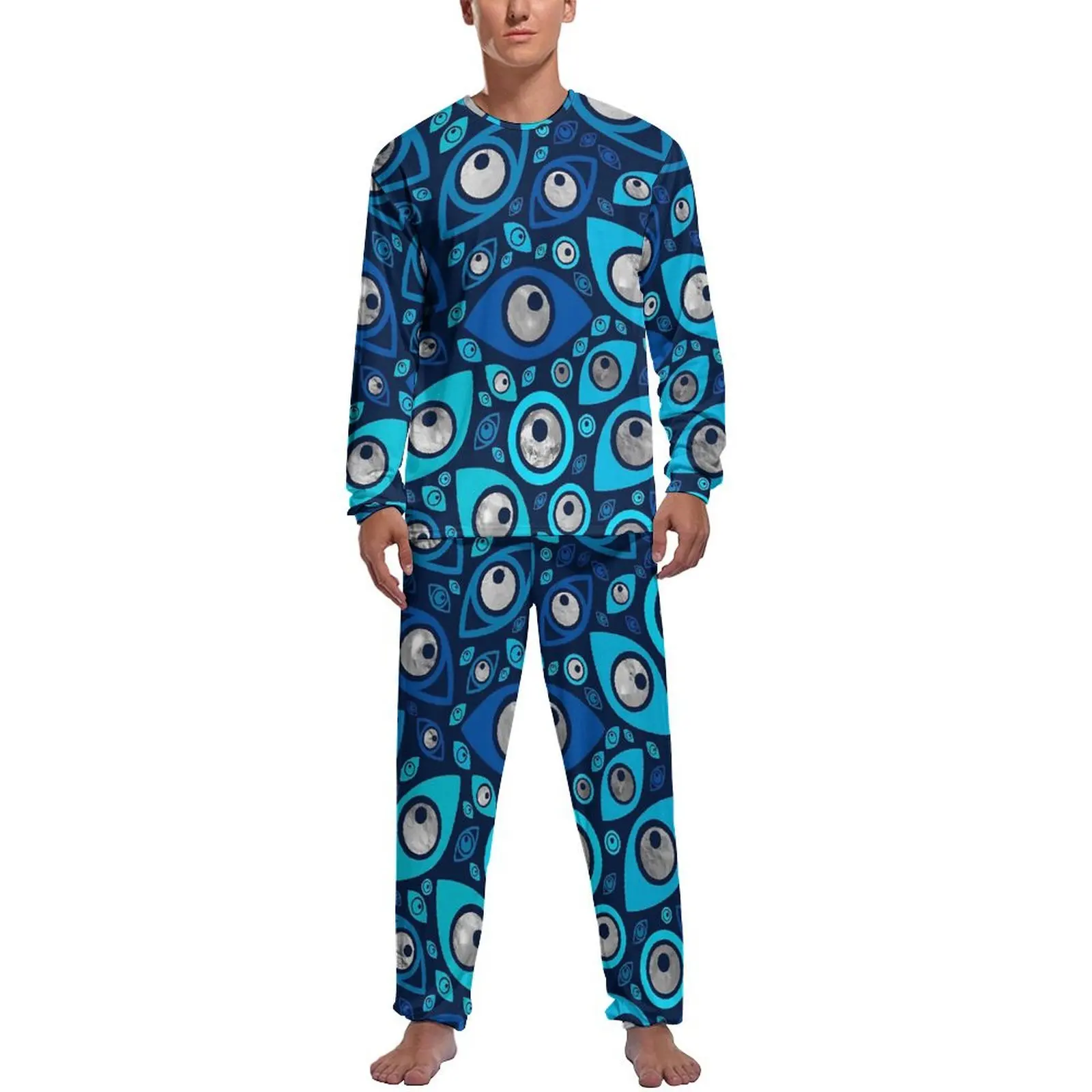 

Greek Evil Eye Pajamas Winter Two Piece Blues and Silver Trendy Pajamas Set Men Long Sleeve Casual Design Sleepwear