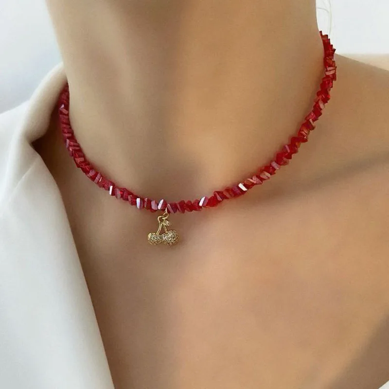 Exaggerated Baroque Red Transparent Crystal Chain With Sexy Zircon Cherry Pendant Necklace For Women Wedding Praty Gift N0541