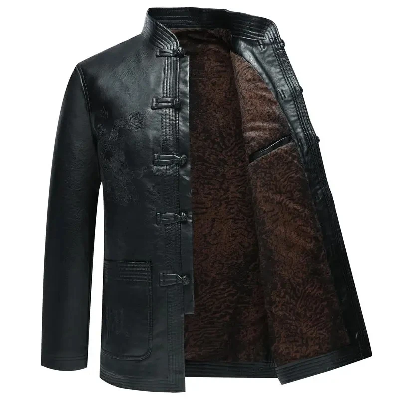 

PU Leather Jacket Tang Suit Men Plus Velvet Thick Loose Cotton Coat Winter Stand Collar Casual Disc Buckle Outerwear