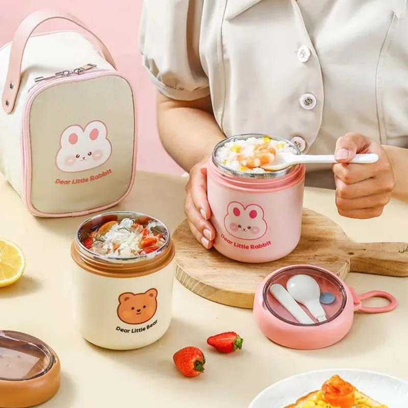 304 stainless steel cute insulated breakfast food can cup, portable soup can with lid spoon, perfect lunch box soup cup