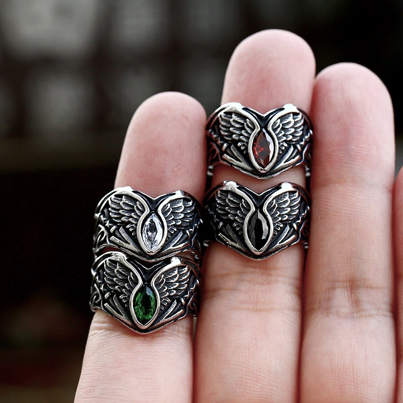 

Creative Angel Wings Stone Ring For Men Women Punk Motorcycle Retro Stainless Steel Finger Ring Fashion Jewelry Gift Wholesale