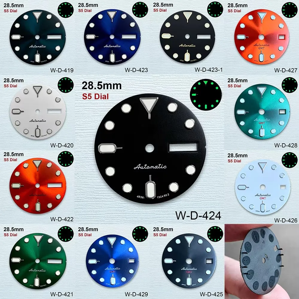 

28.5mm S5 Logo SKX007 Dial Fit NH36/4R36 Movement Green Luminous High-Quality Dual Calendar Dial Watch Modification Accessories