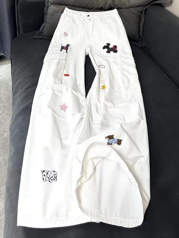 

Стильные молодежные брюки с вышивкой, свободного кроя, прямые, в рабочем стиле, мужские повседневные брюки, модные брюки-клеш для подростков