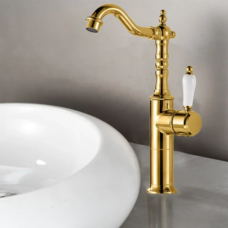 Golden Retro Bathroom Ceramic Handle Full Copper Rotating Hot and Cold Faucet