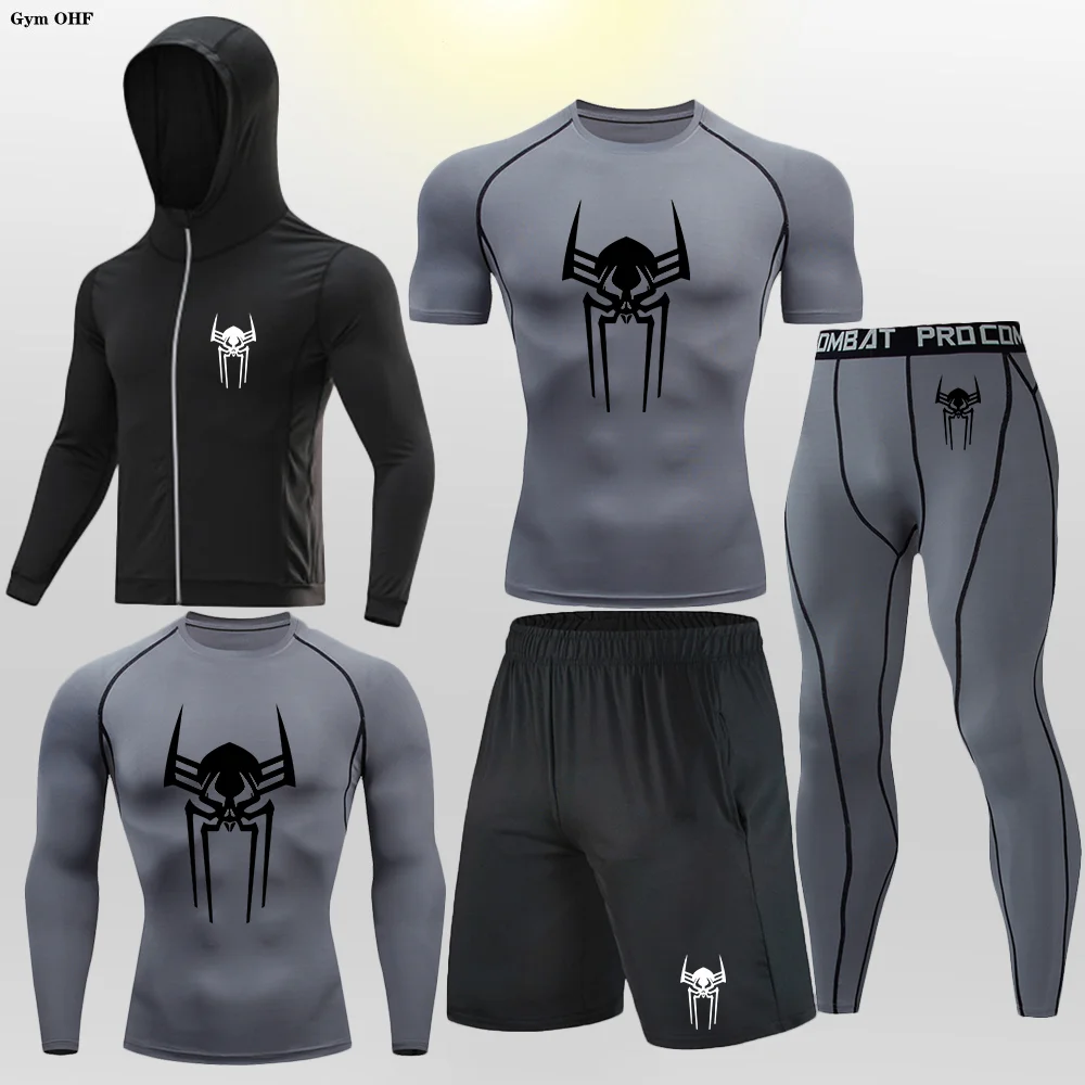 Camisa de compresión Black Panther Spider para hombre, conjunto de 5 piezas para entrenamiento de gimnasio, MMA, Rashguard, BJJ, Jiu Jitsu, correr y