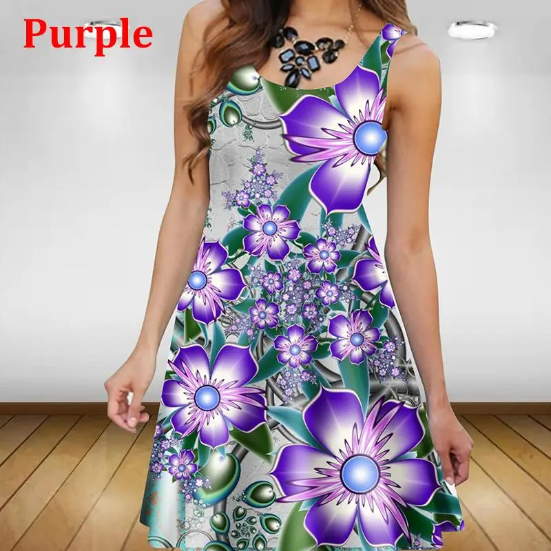 Plant Flowers 3D Printed Women Dress Elegant Sweet Casual Sleeveless A-Line Dresses 2023 Oversized Summer Sexy Clothing Sundress